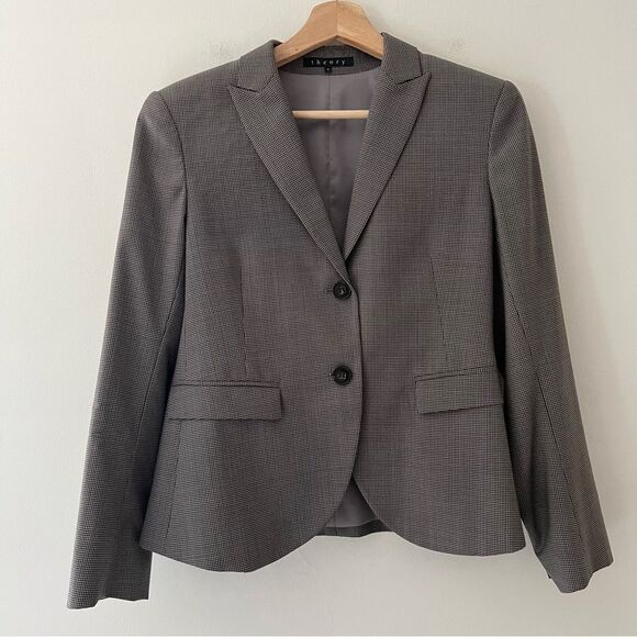 Theory Blazer Wool Gray Check Size 8 Classic Old Money Quiet Luxury - Picture 1 of 8